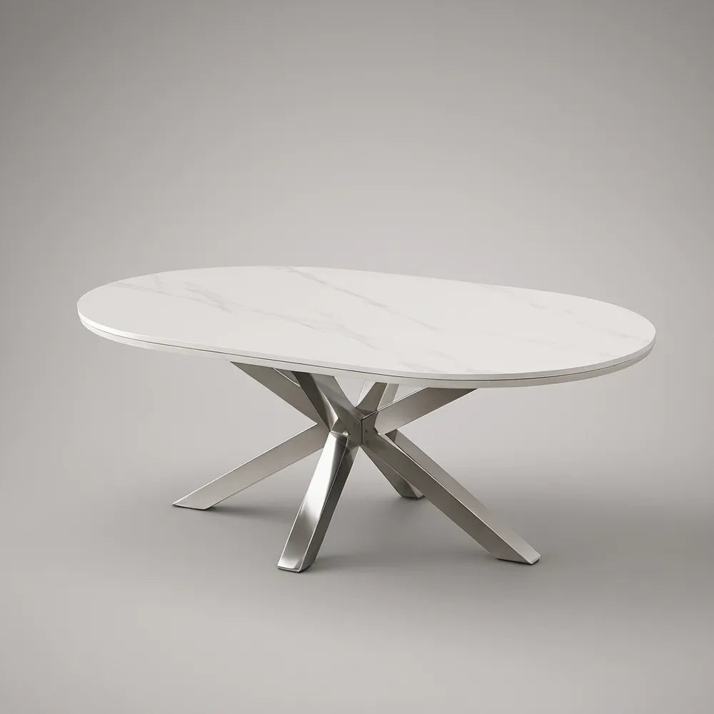 Oval Coffee Table, White Marble-Look Sintered Stone Top with Silver Stainless Steel X Base, 51.2 x 27.6 x 17.7 in