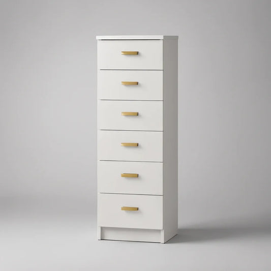 White 6-Drawer Tall Storage Chest with Gold Steel Handles, 23.6 x 15.7 x 55.1 in