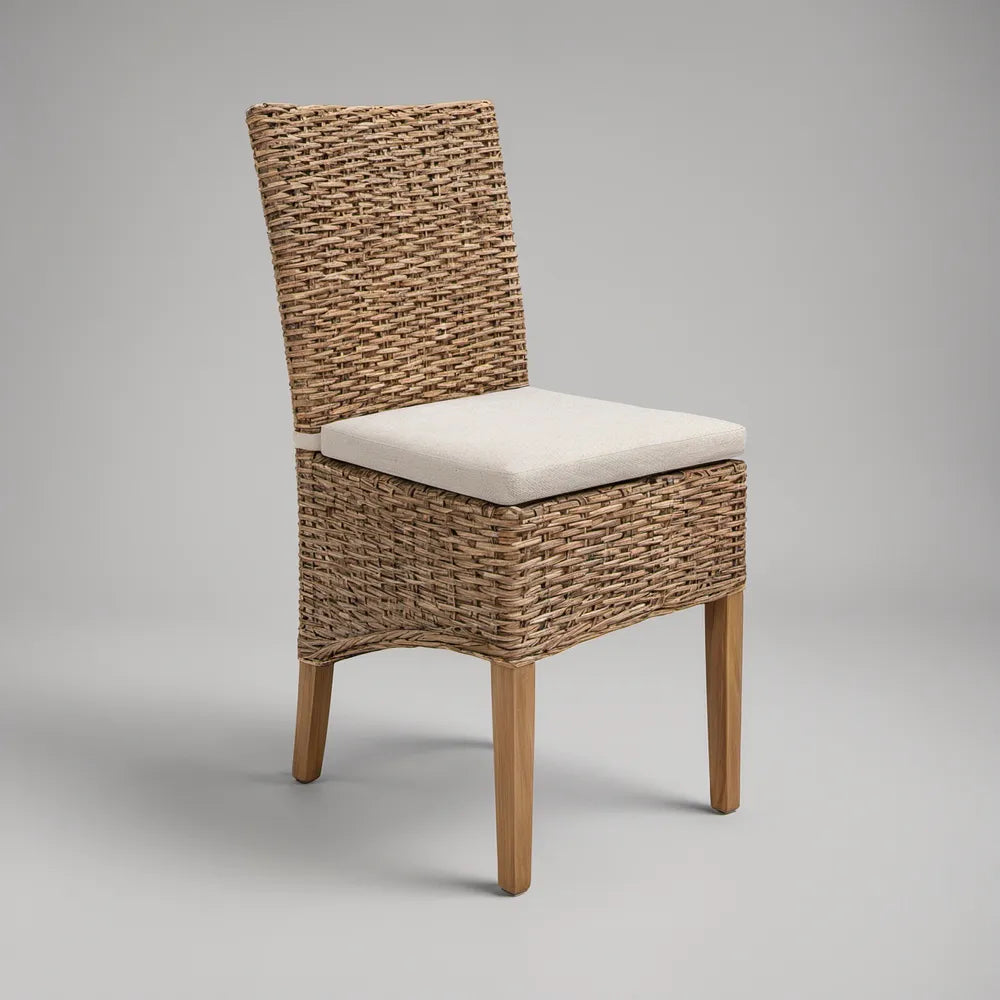 Natural Brown Rattan Dining Chair with Beige Cushion, 18.5 x 23 x 40.5 in