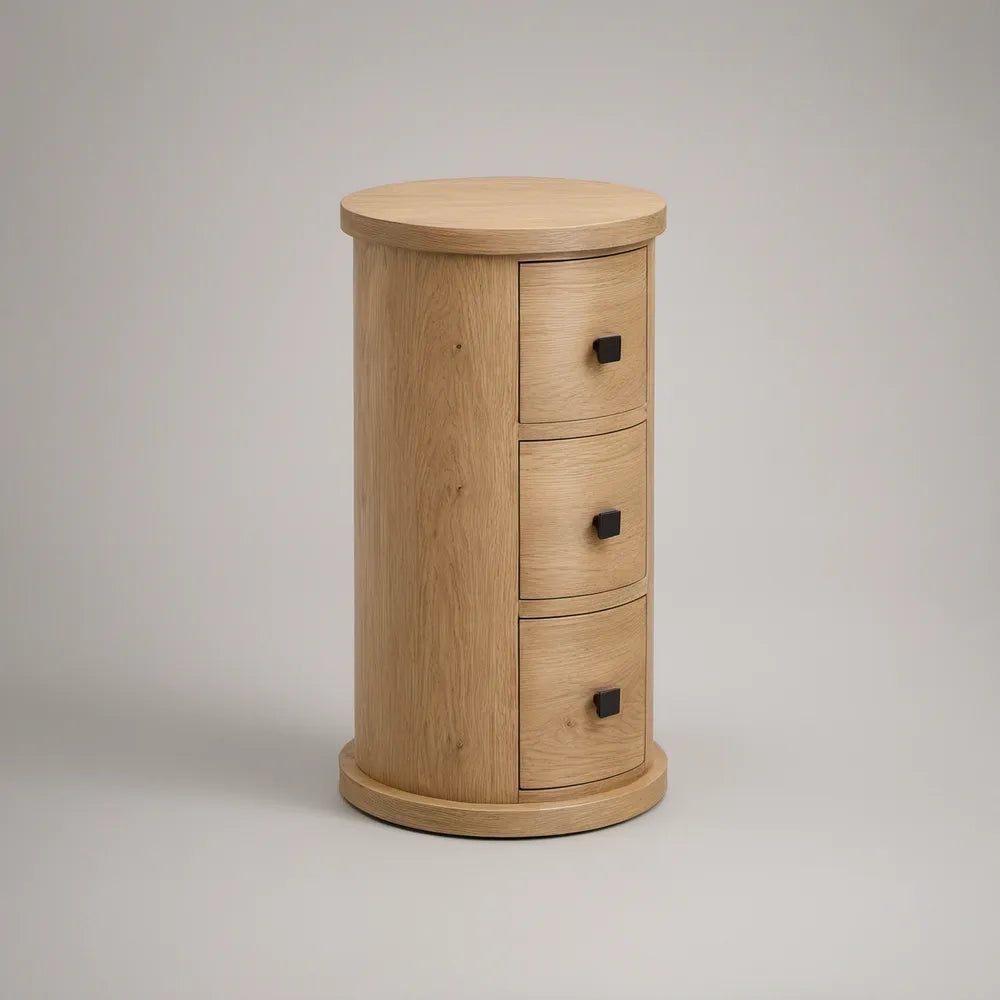 Round 3-Drawer Storage Cabinet, Natural Oak with Black Knobs, 19.7 in W x 19.7 in D x 35.4 in H