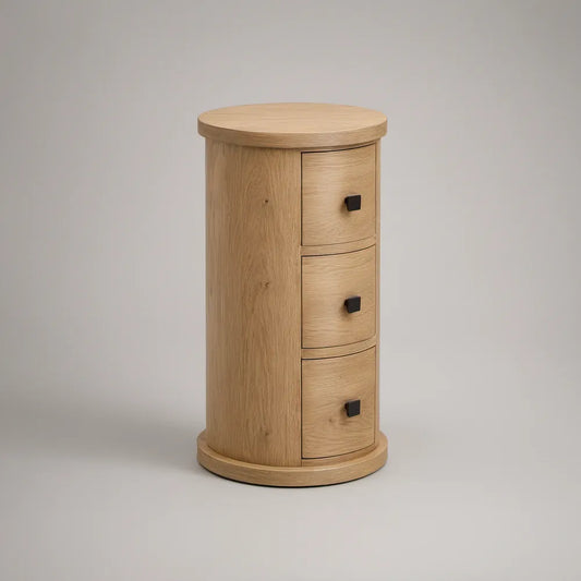 Round 3-Drawer Storage Cabinet, Natural Oak with Black Knobs, 19.7 in W x 19.7 in D x 35.4 in H