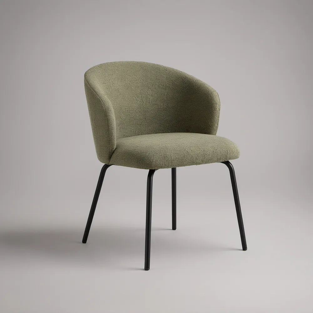 Olive Green Boucle Upholstered Dining Chair, 23.6 x 23.2 x 31.5 in, Curved Back, Black Steel Legs