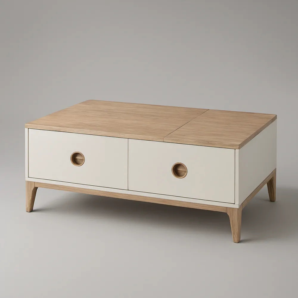 120 x 60 x 45 cm White and Natural Oak Rectangular Coffee Table with 2 Drawers