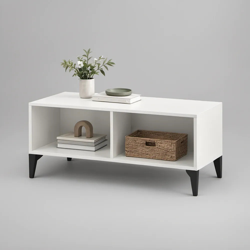 White Rectangular Coffee Table with 2 Open Storage Shelves and Black Wood Legs, 42 x 20 x 18 in