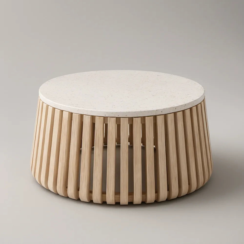 Round Coffee Table, 31.5 in Diameter x 15.7 in H, White Terrazzo Composite Stone Top with Natural Rubberwood Slatted Base