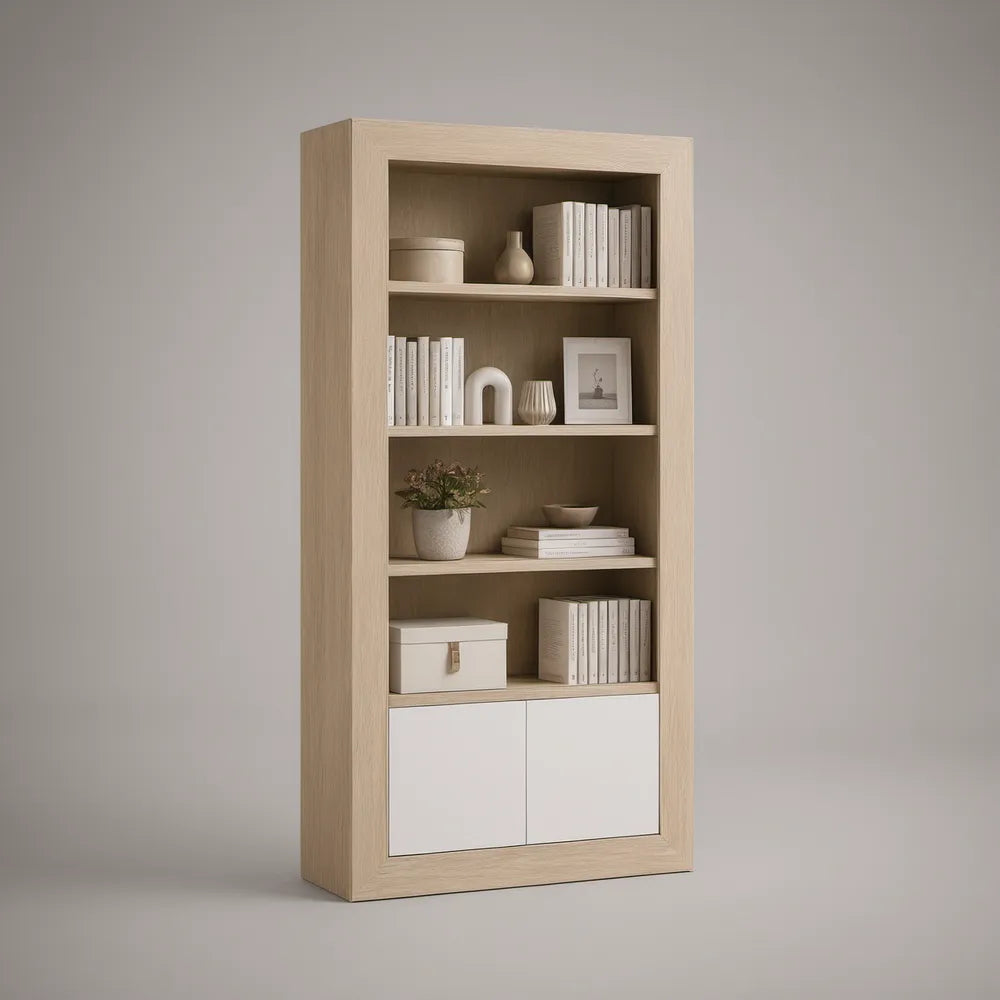 Natural Oak and White Bookcase Storage Cabinet, 31.5 x 13.8 x 70.9 in