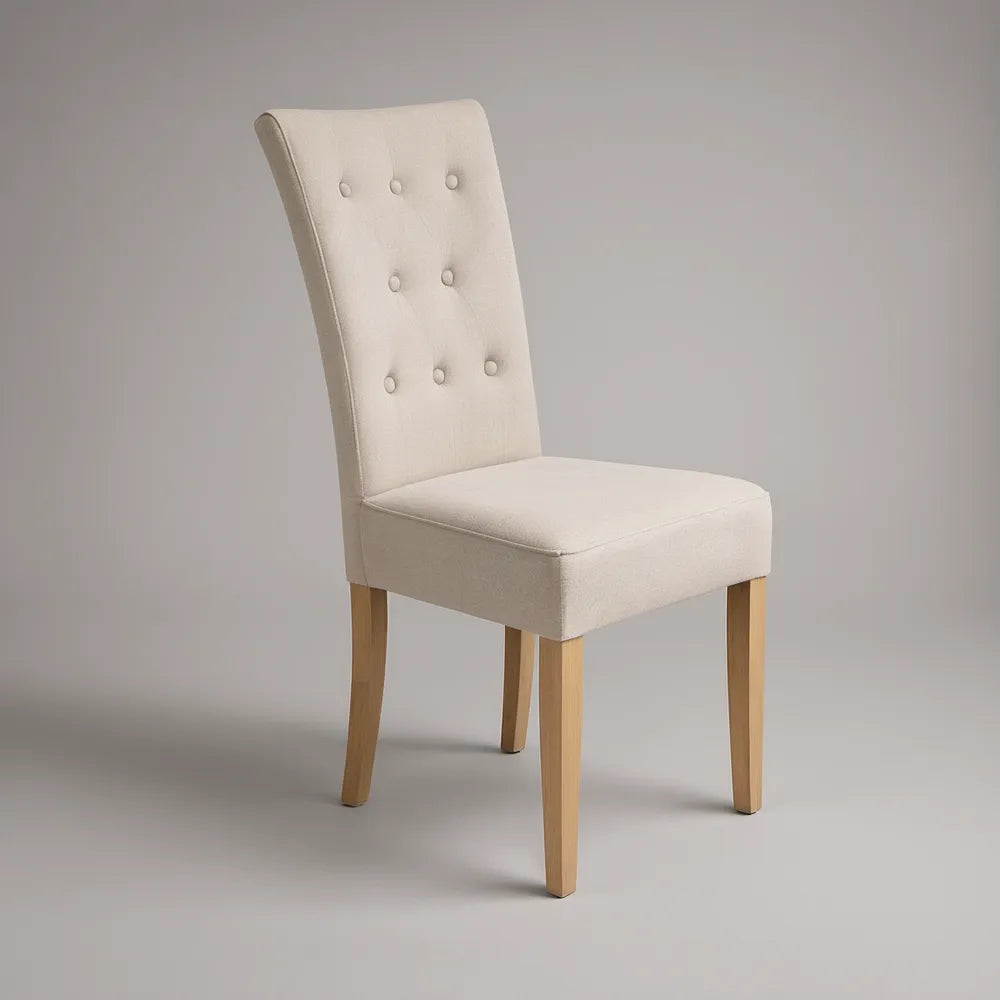 Beige Tufted Upholstered Chair with Natural Brown Wood Legs, 42 in H x 18 in W x 22 in D