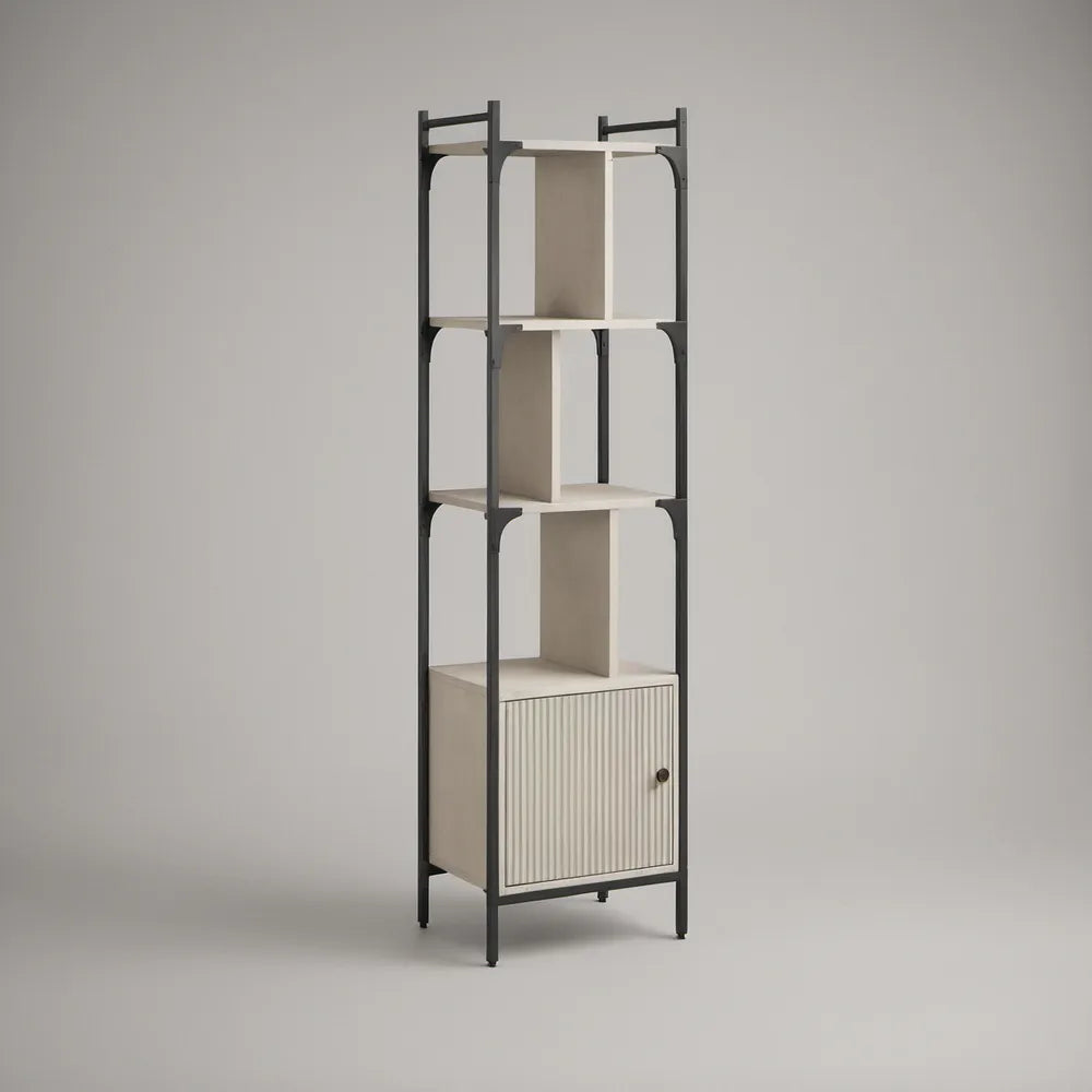 70.9 in H x 23.6 in W x 13.8 in D White MDF Display Unit with Black Steel Frame and Fluted Door Cabinet