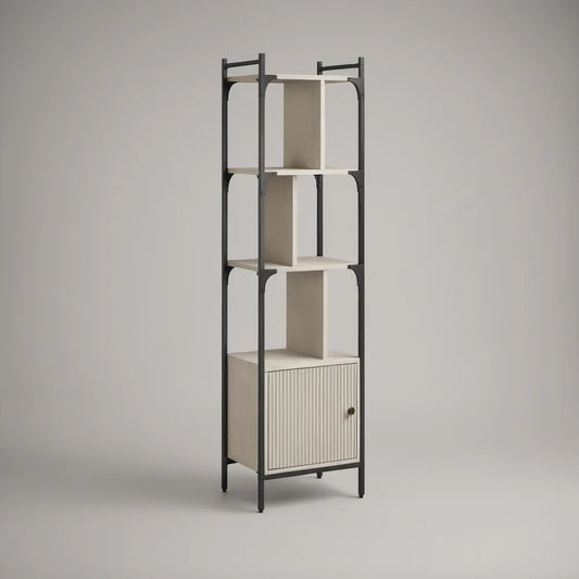 70.9 in H x 23.6 in W x 13.8 in D White MDF Display Unit with Black Steel Frame and Fluted Door Cabinet