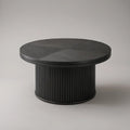 31.5 in Round Coffee Table, Black MDF with Wood-Grain PVC Laminate, Fluted Pedestal Base, 31.5 x 15.7 in