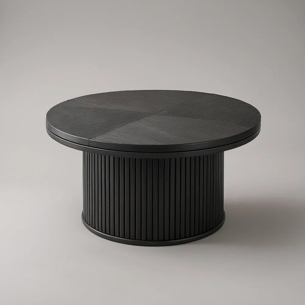31.5 in Round Coffee Table, Black MDF with Wood-Grain PVC Laminate, Fluted Pedestal Base, 31.5 x 15.7 in