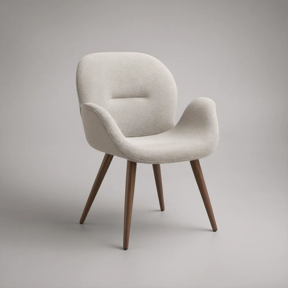 Ivory Boucle Upholstered Chair with Curved Armrests and Walnut Brown Rubberwood Legs, 24 x 23 x 32 in