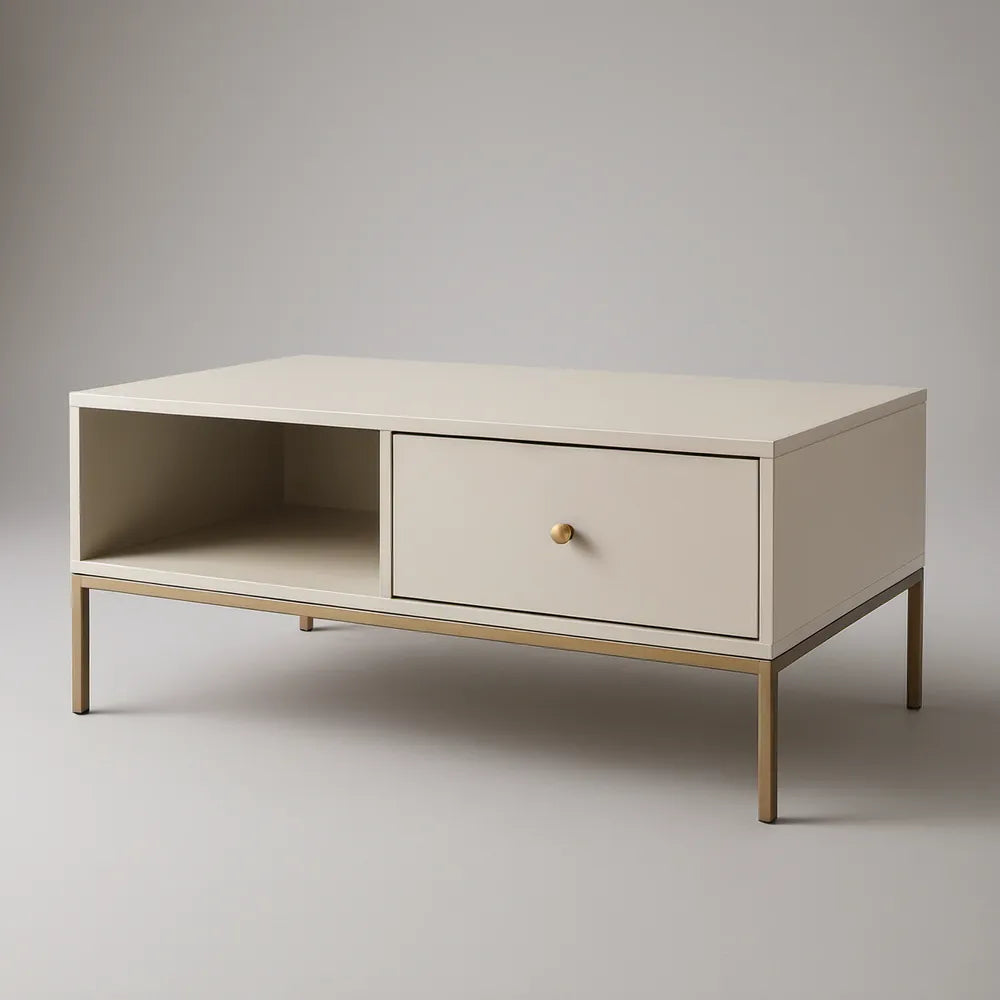 Modern Cream Coffee Table with Drawer and Open Shelf, 47.2 x 23.6 x 17.7 in