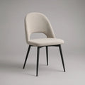 Beige Upholstered Chair with Curved Open Back and Black Steel Legs, 19.7 x 22 x 31.5 in