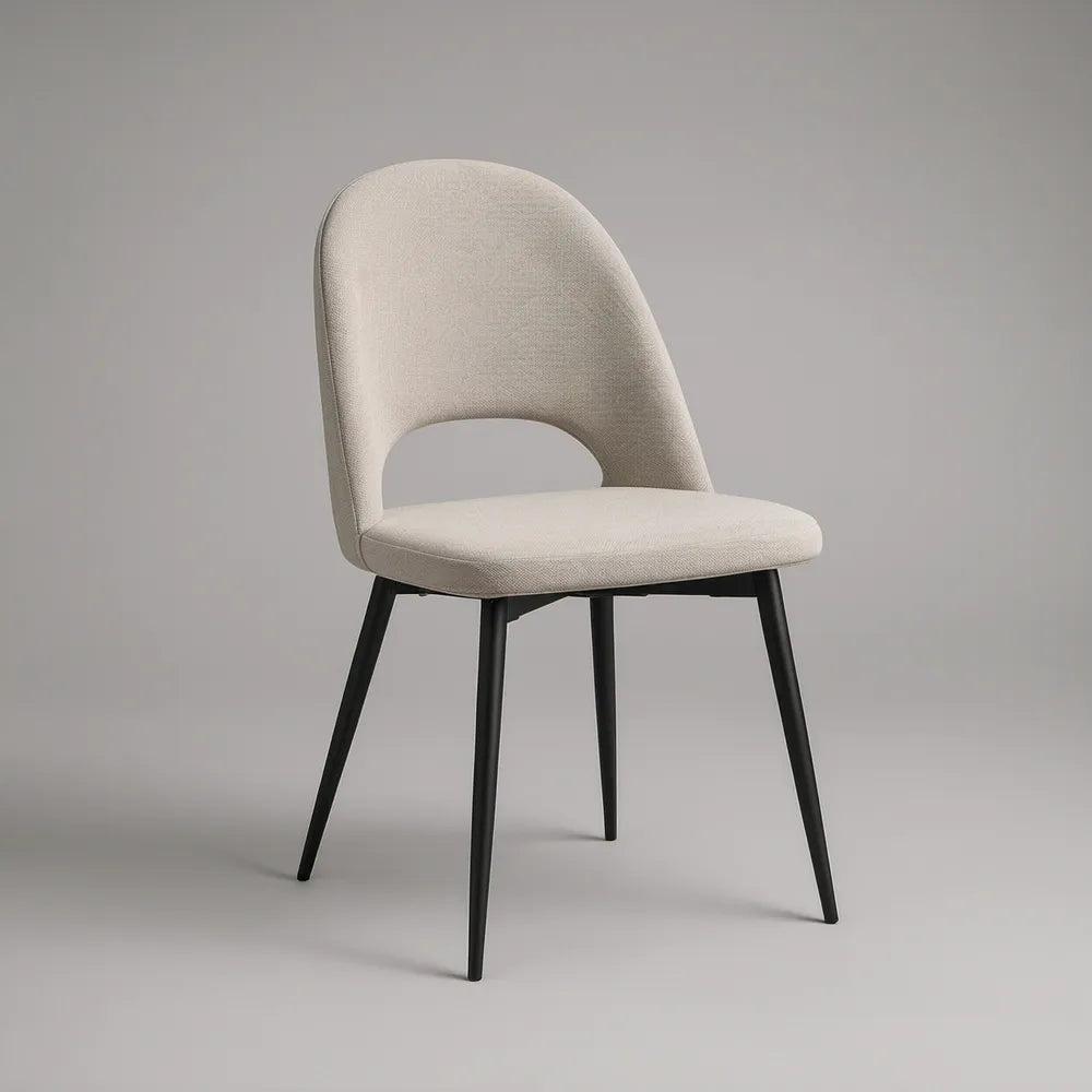 Beige Upholstered Chair with Curved Open Back and Black Steel Legs, 19.7 x 22 x 31.5 in