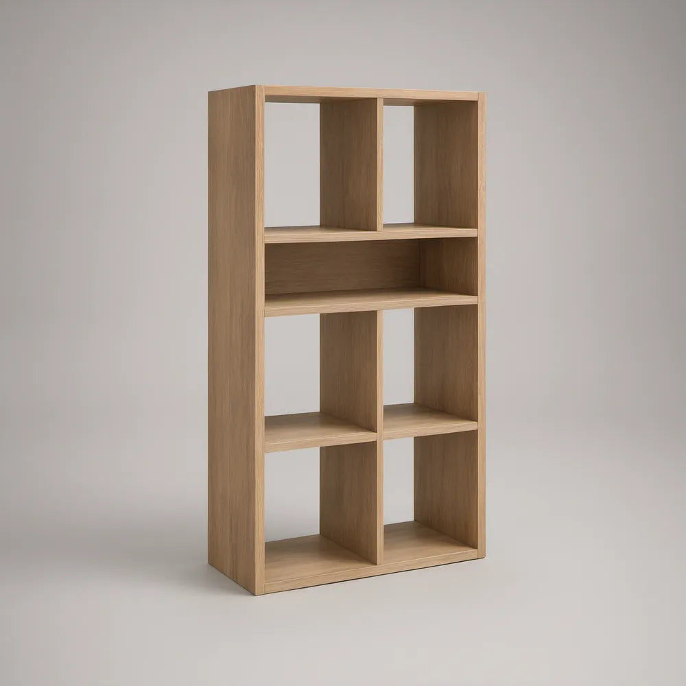 Natural Oak Veneer Bookcase with 7 Open Compartments, 31.5 x 11.8 x 63 in