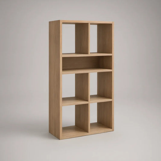 Natural Oak Veneer Bookcase with 7 Open Compartments, 31.5 x 11.8 x 63 in