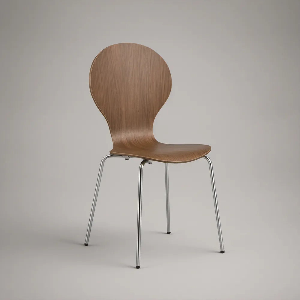 Curved Bent Plywood Walnut Veneer Chair with Chrome Steel Legs, 18 x 20 x 34 in