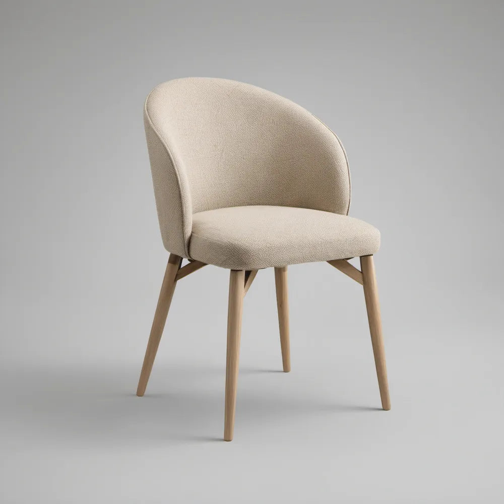 Cream Boucle Upholstered Dining Chair with Natural Light Brown Rubberwood Legs, 23.2 x 24 x 31.5 in, Curved Back