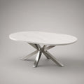 Oval Coffee Table, White Marble-Look Sintered Stone Top with Silver Stainless Steel X Base, 51.2 x 27.6 x 17.7 in