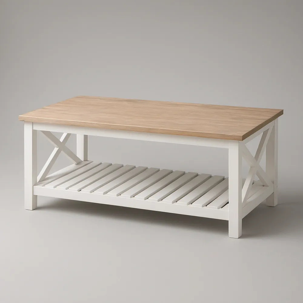 Rectangular Coffee Table with Open Storage Shelf, Natural and White, 47.2 x 23.6 x 18.1 in